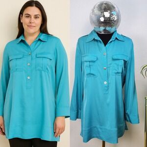 ANNE KLEIN Teal Silk Blend Button Front Blouse, Women Size L, long sleeve shirt
